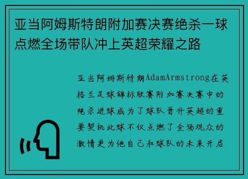亚当阿姆斯特朗附加赛决赛绝杀一球点燃全场带队冲上英超荣耀之路