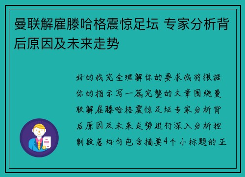 曼联解雇滕哈格震惊足坛 专家分析背后原因及未来走势 曼联解雇滕哈格震惊足坛 专家分析背后原因及未来走势